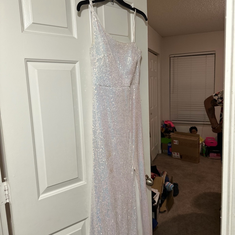 Iridescent White Sequin Prom Dress with Slit